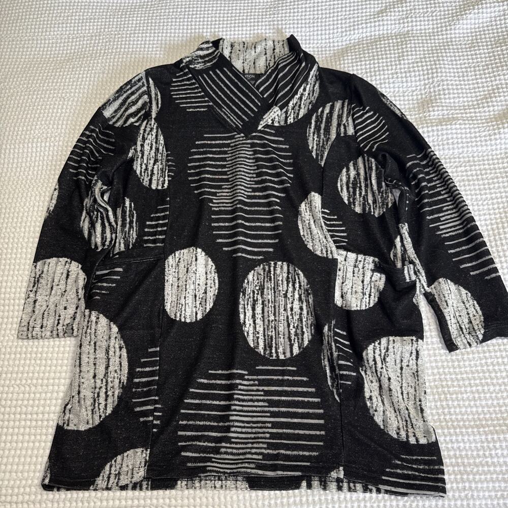 Creation Womens Large Artsy Lagenlook Long Sleeve Tunic Top Pockets Stretch NWT